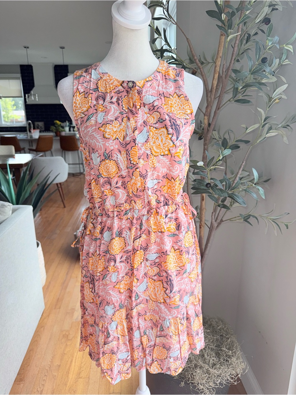 LOFT Pink Floral Sleeveless Tie Waist Mini Dress